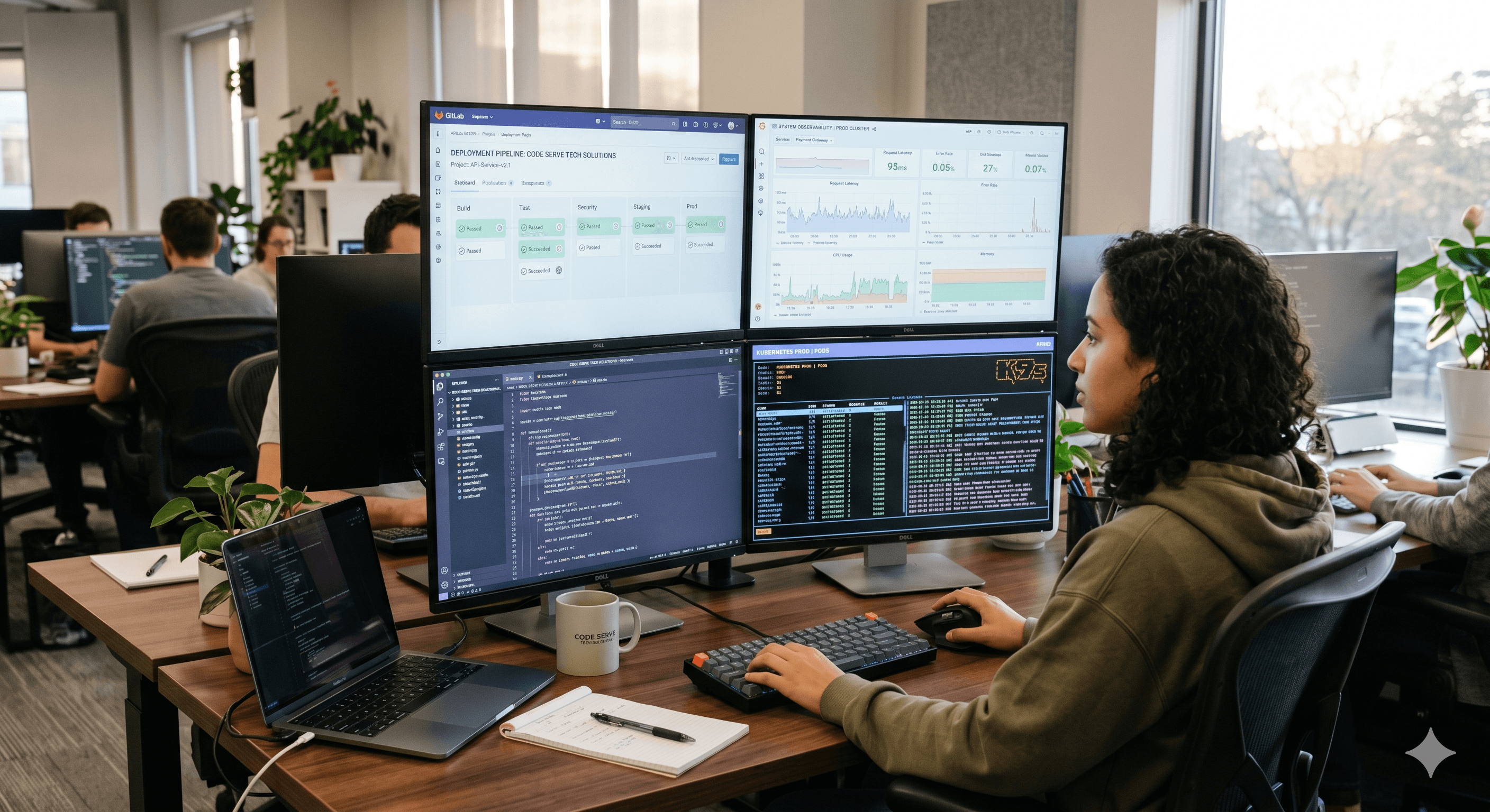 Placeholder photo of an engineering workstation with deployment pipelines and observability dashboards on multiple monitors.