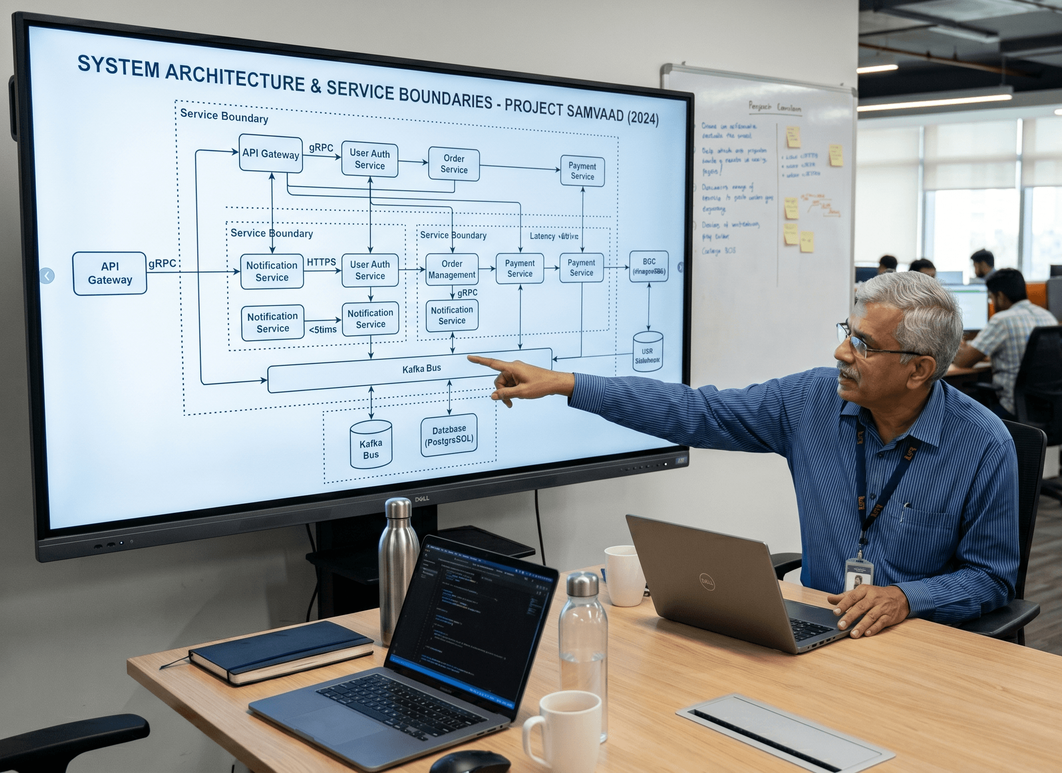 Placeholder photo of two senior engineers reviewing architecture diagrams and service boundaries on a large screen.