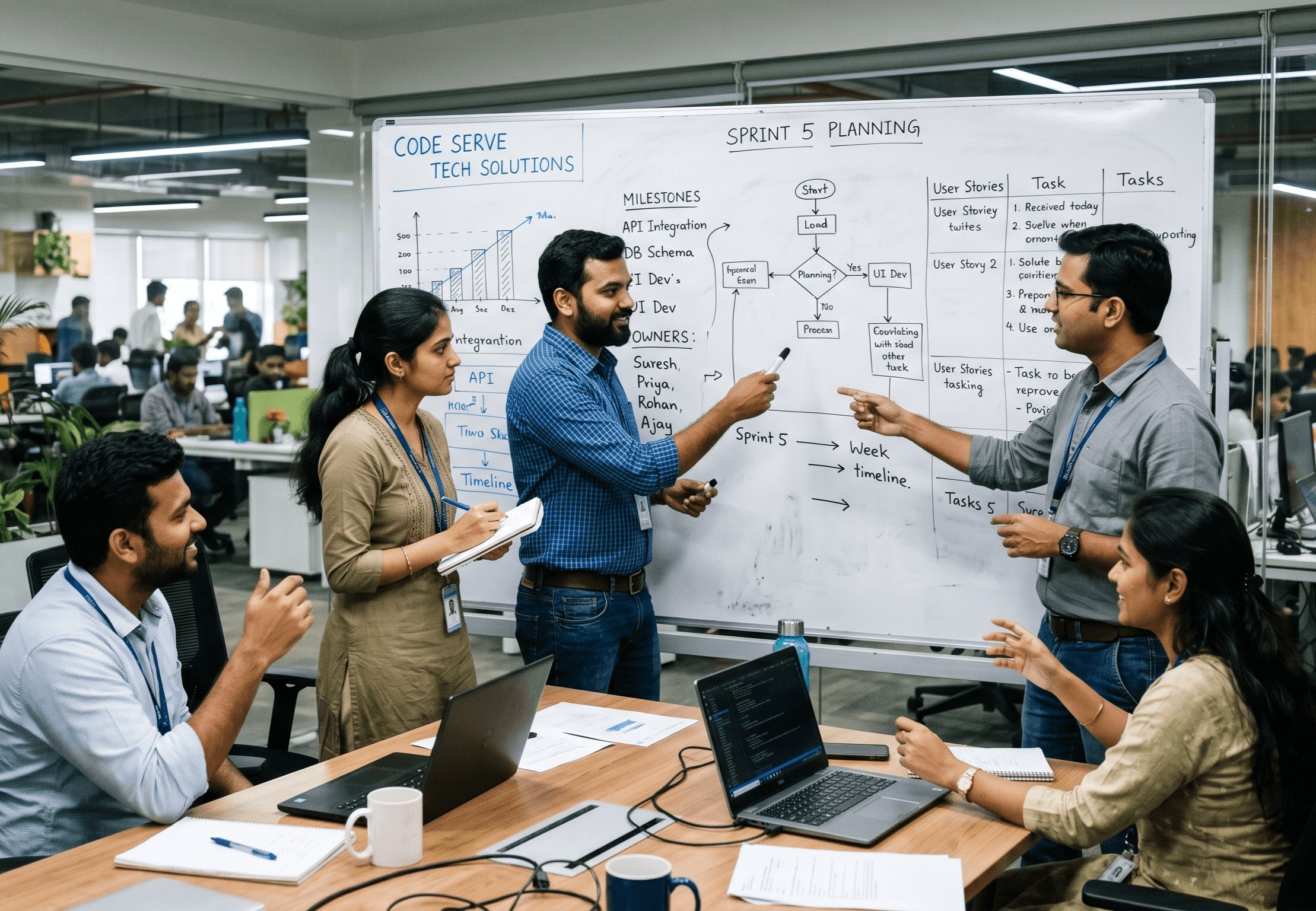 Placeholder photo of Code Serve Tech engineers in a project planning session around a whiteboard.