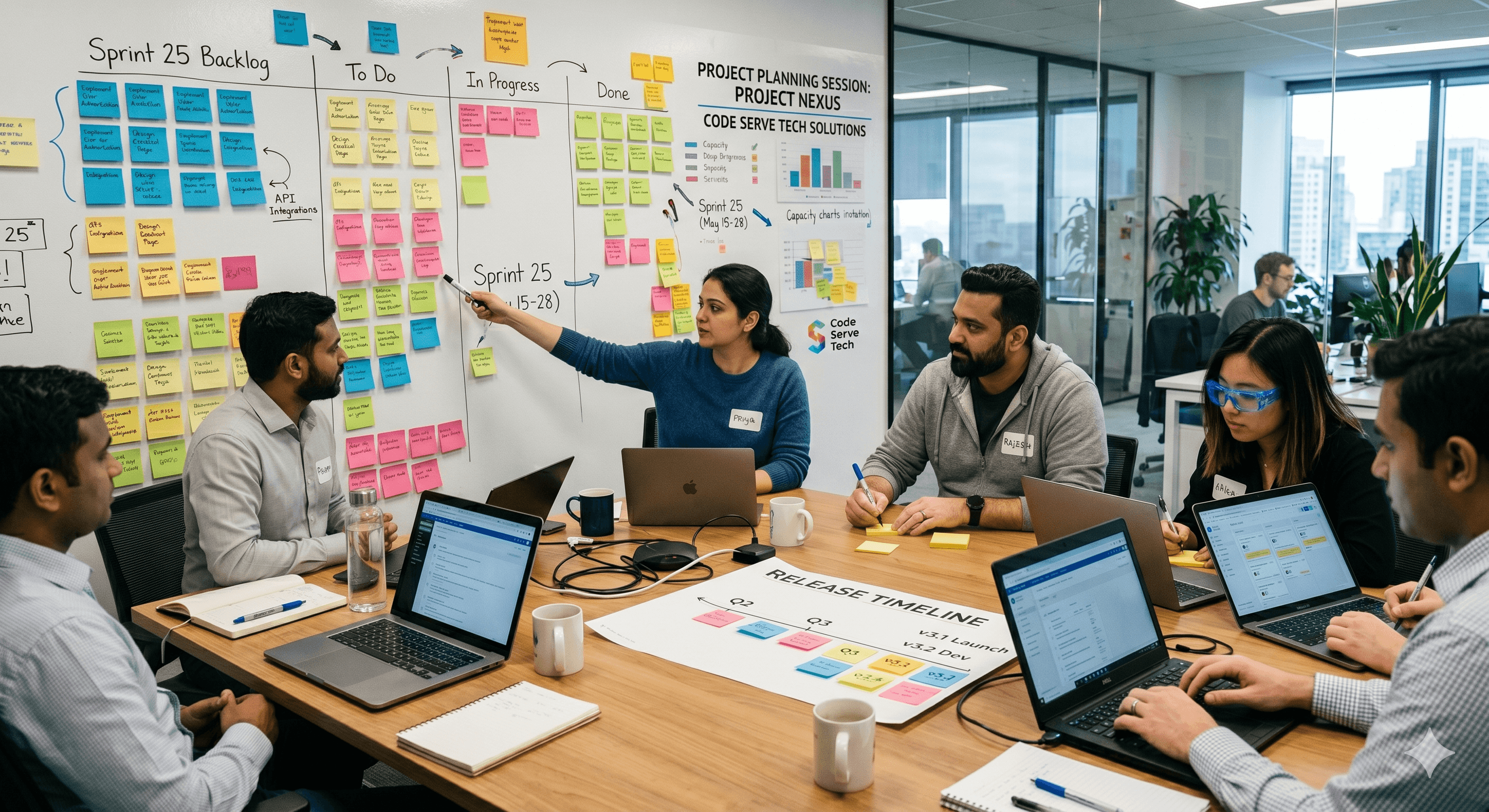 Placeholder photo showing a sprint planning workshop with sticky notes, laptops, and release timelines.